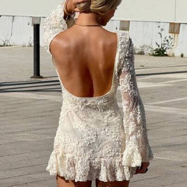 SHEIN Women&#39;s New Elegant Lace Backless Color-Block Mini Dress, Cream Solid Color