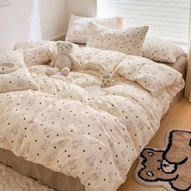 SHEIN 2/3pcs Cute Brown Bear Student Dormitory Bedding Set, Includes Duvet Cover And Pillow Case, Twin/Full/Queen/King Size
