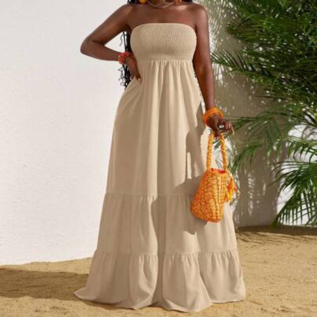 Slaydiva Summer Vacation Solid Color Ruffle Hem Strapless Dress,Sun Dresses For Women