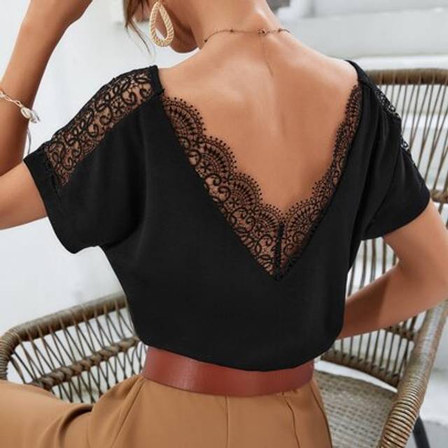SHEIN Women&#39; Lace Splice Backless  Sgoing Out Tops  T-Shirt