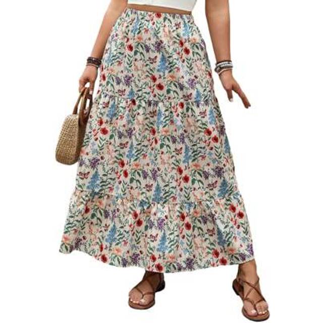 SHEIN Women&#39;s Floral Print Medium Long Skirt Bohemian Elastic High Waisted Long Skirt Women&#39;s Fashionable High-Low Hem