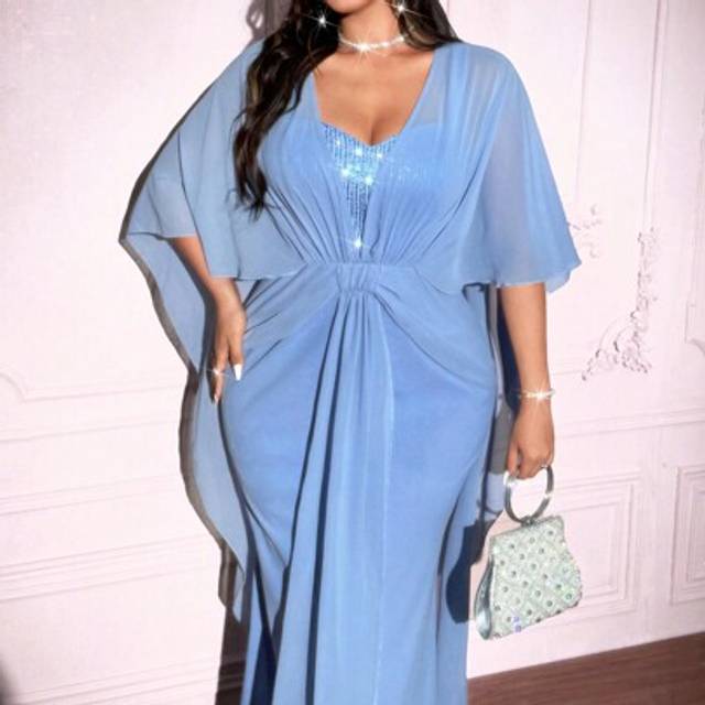 SHEIN Plus Size Women Glamorous Romantic Party Banquet Sequins Mermaid Chiffon Cape Dress