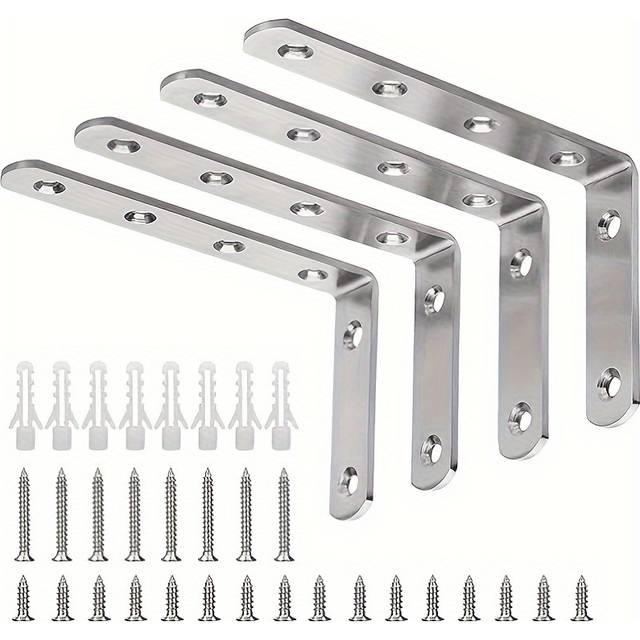 TEMU 4pcs Heavy Duty Stainless Steel L Brackets, 5" X 3" Right Angle Wall Hanging Support, Decorative Corner Braces With Screws, Industrial Metal Shelf Brackets For Use