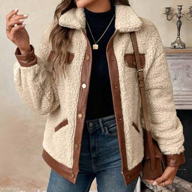 Luneh Women&#39;s Casual Warm PU Patchwork Fluffy Pocket Jacket, Autumn/Winter