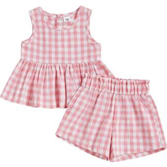 SHEIN Toddler Baby Girl Shorts Set Plaid Sleeveless Babydoll Tank Tops Elastic Waist Shorts 2 Pcs Summer Outfit