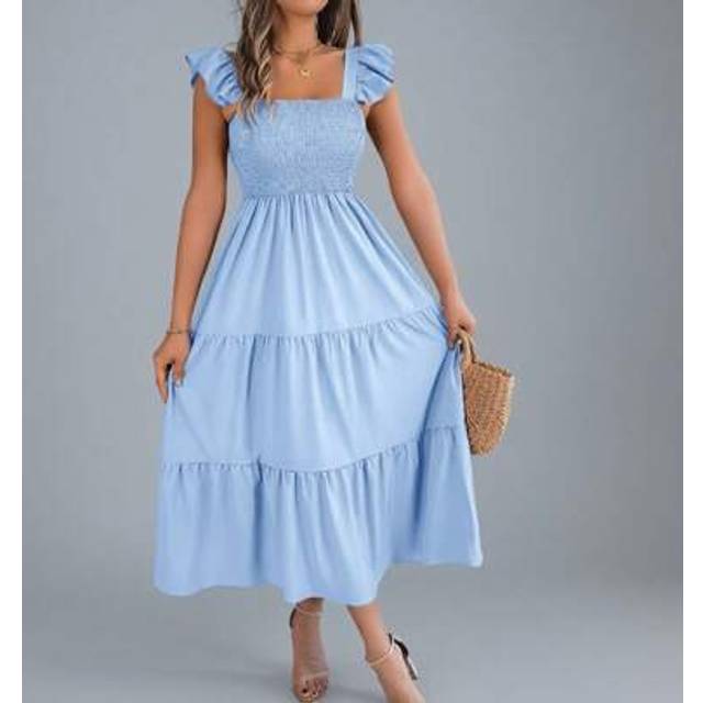 SHEIN Summer New Solid Color Square Neck Backless Casual Ruffle Trim Sleeveless Slip Dress, Light Blue