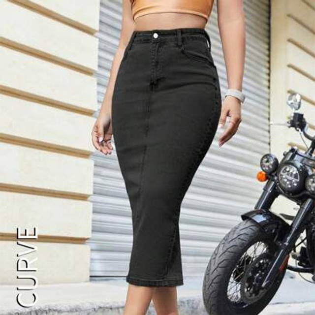SHEIN Solid Color Bodycon Denim Skirt With Back Slit â Sexy High Stretch Slim Fit Denim Skirt