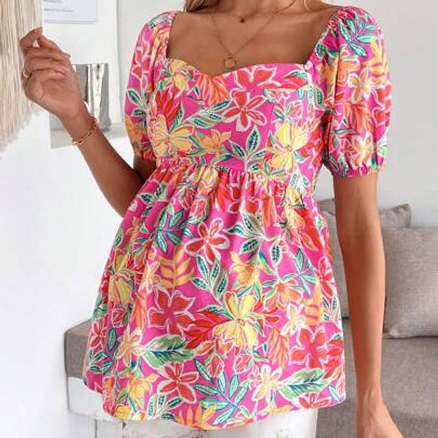 SHEIN Maternity Floral Print Sweetheart Neck Puff Sleeve Shirt, For Summer Holiday Summer Outfits For Women