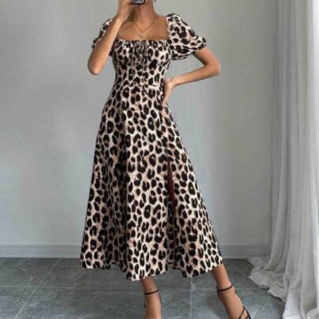 Calvaya 1pc Women&#39;s Leopard Print Thigh Slit A-Line Dress, Elegant Resort Wear Maxi Women Outfit