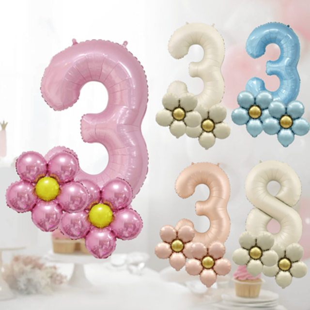 SHEIN 3pcs/Set Flower Shaped Balloon Set With Numbers 0-9, Giant 40 Inch (Approx. 101.6cm) Number Birthday Decoration Package With Metallic Flower For Age 0