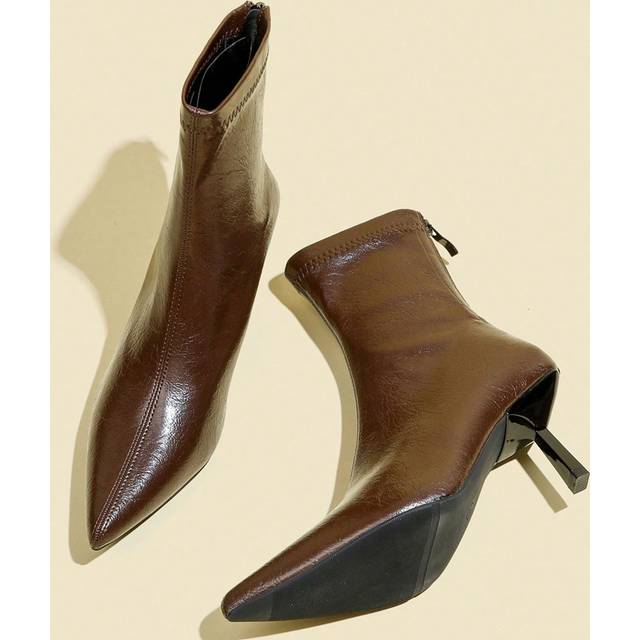 SHEIN Women&#39;s Brown Suede Ankle Boots And Short Boots With 2.8 Inch High Heels, Comfortable & Fashionable Slip-On Boots, Wine Glass Heels