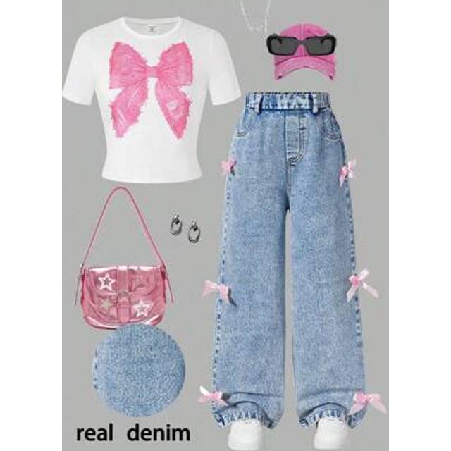 SHEIN 2pcs/Set Tween Girl Casual Everyday Commuting Bow T-Shirt And Jeans Outfit, School, Campus, College