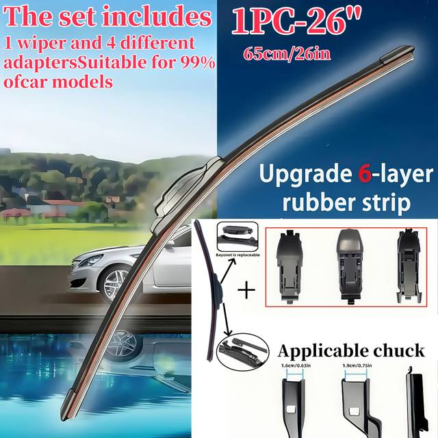 TEMU 1pc Windshield Wiper Blade + 4pcs Adapter Set/6-strip Car Wiper, Automatic Replacement For 14''--28'' Windshield Wipers/premium Rubber Design, Quiet And Durable/windshield Cleaner Essential