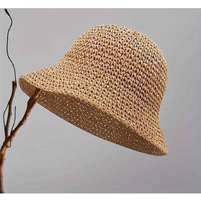 TEMU 1pc Women's Vintage Crochet Straw Bucket Hat - Wide Brim, Foldable & Breathable Fisherman Cap For Summer, Beach, Outdoor Activities, Fishing Hat, Beachwear Essential, Natural Design, Construction