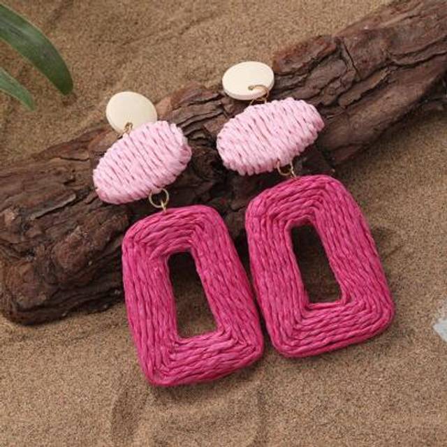 SHEIN 1 Pair Custom Tropical Harajuku Style Hand-Woven Paper Rope Splicing Colorblocking Geometric Island Vacation Party Earrings, Suitable For Travel, Casu