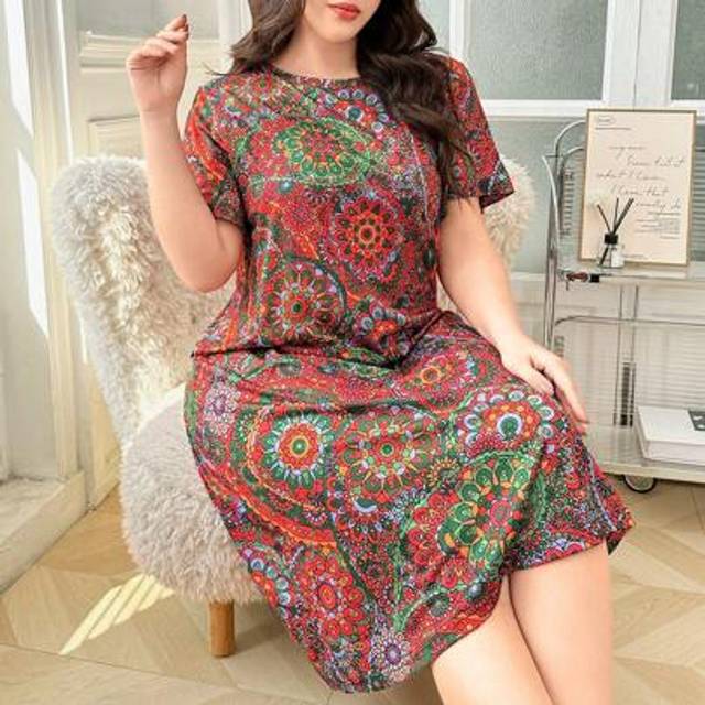 SHEIN Plus Size Retro Printed Loose Short Sleeve T-Shirt Dress