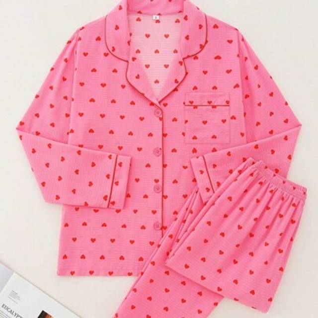 SHEIN 2Pcs Women&#39;s Long Sleeve Button Up Top And Long Pants Pajama Set, Casual Loose Homewear With Heart And Peach Print, Suitable For Home And Going Out, S
