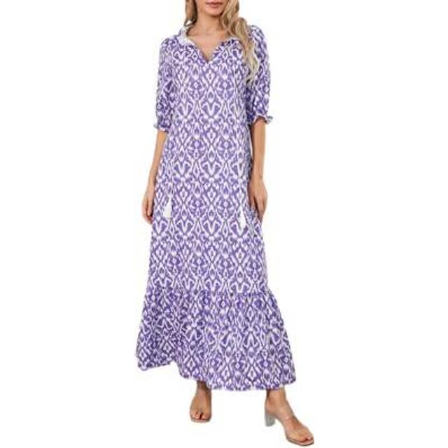 SHEIN Women Summer Boho Casual Long Dress Elegant Short Sleeve V Neck Flower Graphic Print Loose Swing Dresses Vacation Beach Streetwear