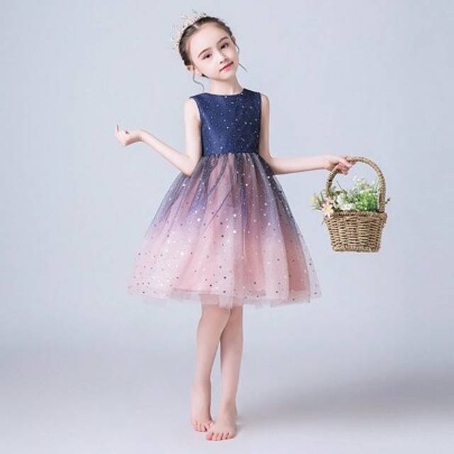 SHEIN Girls&#39; Starry Sky Dress Birthday Party Performance Evening Dress With Tulle Skirt
