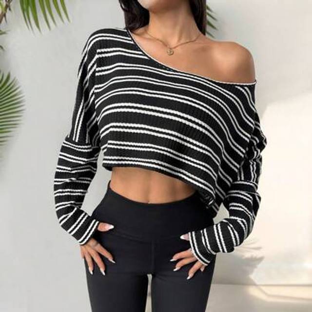 Flirla Long Sleeve Waffle Striped Asymmetrical T-Shirt, Versatile Casual Everyday Wear Graphic Tees Women Tops For Spring Outfit