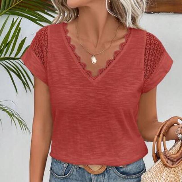 SHEIN Women Old Money V-Neck Lace Splice Off-Shoulder Vacation Summer T-Shirt