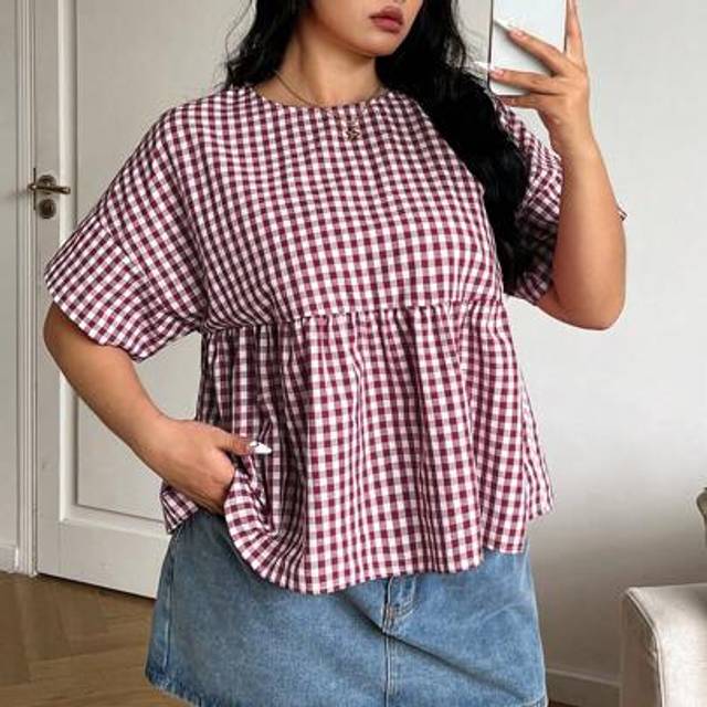 SHEIN Plus Size Women Red & White Plaid Shirt, Casual & Fashionable For Daily Wear
