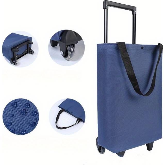 TEMU Collapsible Shopping Trolley With Wheels, Waterproof Plastic Shopping Bag, Portable Folding Crawler Shopping Cart, Retractable Handle, Lightweight Travel Bag For Convenient Food Shopping