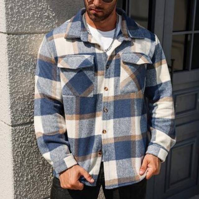 SHEIN Men&#39;s Plus Size Casual Plaid Coat, Autumn/Winter Going Out Warm Overcoat, For Friends, Husband, Boyfriend Gifts Men Plaid Jacketplaid Jacket Men