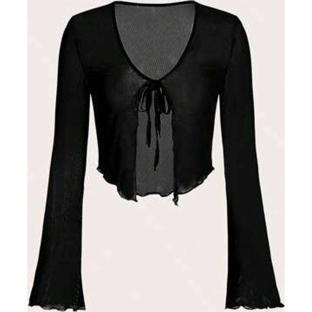 SHEIN Tie Front Flare Sleeve Lettuce Trim Mesh Top,Ladies Casual Knot,Lettuce Trim Flounce Sleeve V Neck Regular Fit Black Colorblock,Plain Women Tops,Sprin