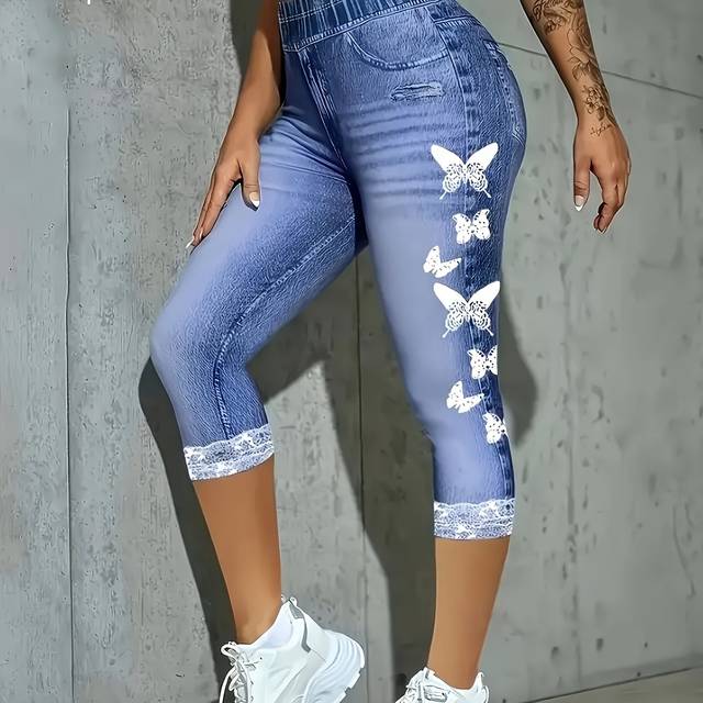 TEMU Women's Stretch Denim Print Capri Leggings - High-waisted, Knee-length, Comfortable & Breathable For Casual Attire, Wear, Capri Pants