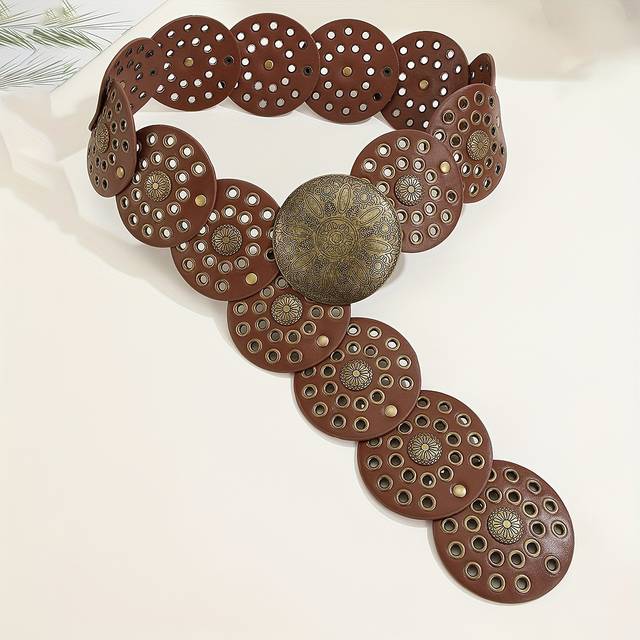 TEMU 1pc Bohemian Western Vintage Style Belt With - Brown Waistband For Women, Parties, Casual Attire, And , Casual Attire Accessory | Bohemian Style Belt | Metallic Ring , Boho Chic