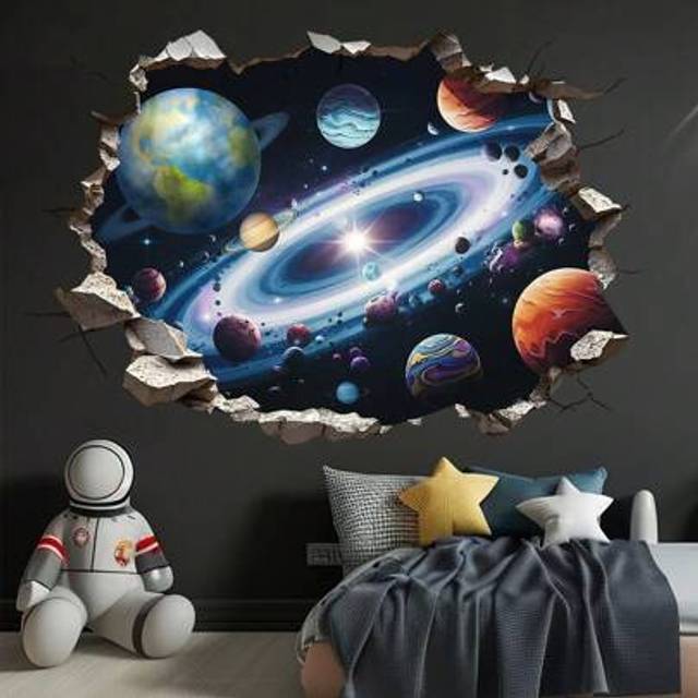 SHEIN 1pc Space Planet Universe Wall Decal - Modern Cartoon Living Room And Bedroom PVC Sticker With Stars And Planets, Easy To Apply Home Decor, Bedroom Wa