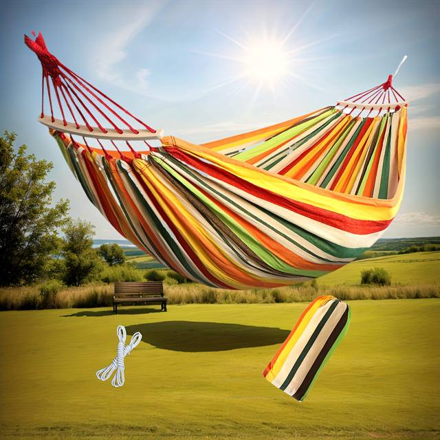 TEMU Trendy Boho Wide Hammock For 2 - Canvas With Stabilizing Spreader Bar & Reinforced Ropes - Portable Hanging Bed With Storage Pouch (stylish Stripes, Without Battery