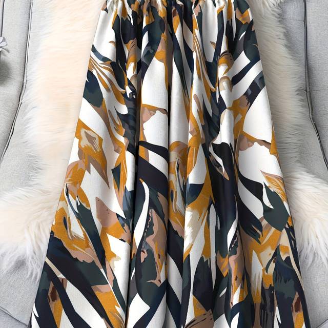 TEMU Plus Size Elegant Flared Skirt With Abstract Geometric Print - Polyester Blend, Non-stretch Fabric, Woven, Middle-eastern Style, Versatile For Spring/summer/fall