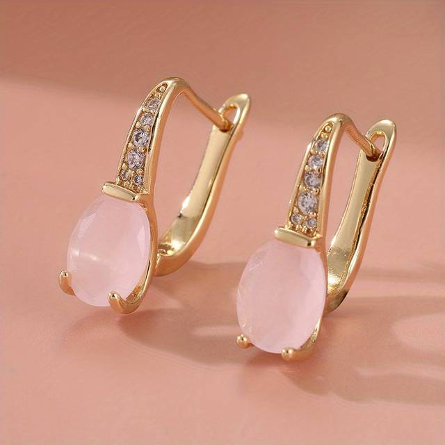 TEMU Elegant Pink Opal Earrings With Sparkling Accents - Oval Cut Gemstone, 14k Golden Plated, Bridal, Engagement, Wedding, And Holiday Gifts, Wedding Jewelry | Opal Earrings | Copper Post