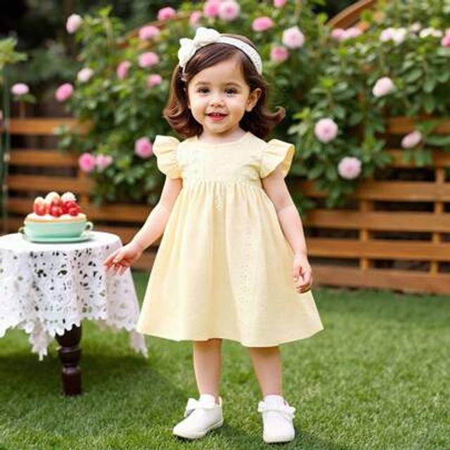 SHEIN Baby/Toddler Girls Yellow Solid Color Vacation Style Mini Dress With Ruffled Sleeves And Small Round Collar For Summer
