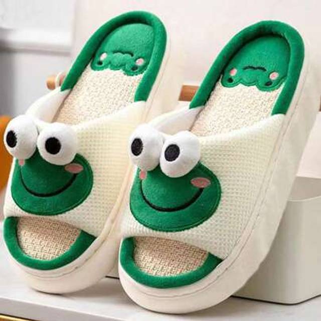 SHEIN 1 Pair Unisex Linen Cartoon Non-Slip Flat Comfortable Cute Indoor Slippers, All Season