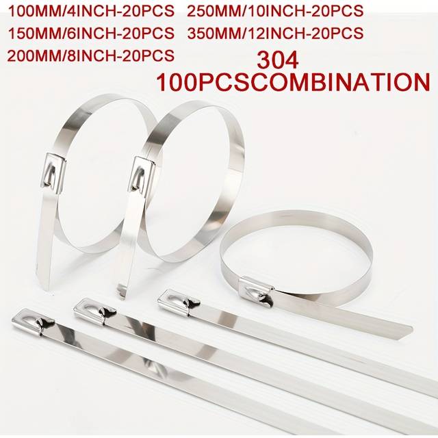 TEMU 100pcs Cnzoye Stainless Steel Zip Ties, 4/6/8/10/12 Inch - Self-locking, Corrosion & Rust Resistant, Durable Metal Cinch Straps, 304/201 Stainless Steel, White, Combination Pack