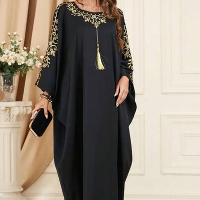 SHEIN Floral Pattern Tassel Decor Kaftan Dress, Elegant Crew Neck Batwing Sleeve Dress, Women&#39;s Clothing,Modest
