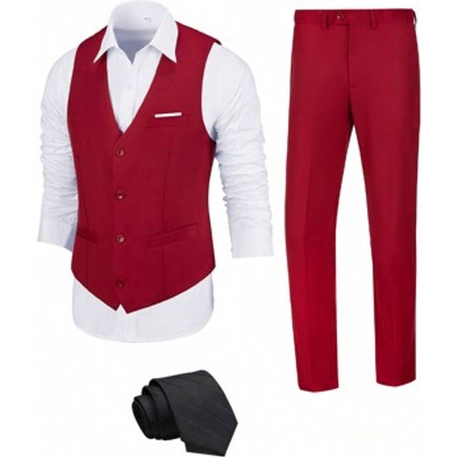 SHEIN Furuyal Men&#39;s Suits 3 Pieces Suit Elegant Solid Slim Fit Gentleman Vest Pants Tie Suit Set For Men Business Commute Wedding Party Prom Light Burgundy