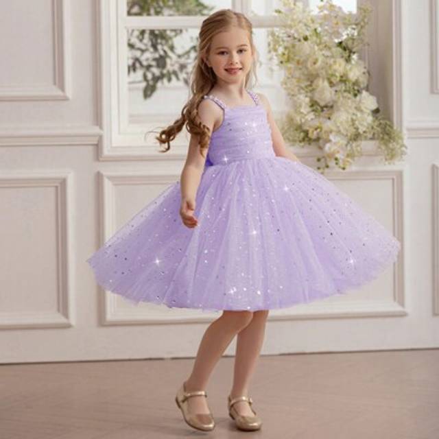 SHEIN Young Girl Spaghetti Strap Bowknot Beaded Sequin Mesh Princess Party Dress, Suitable For Girls Dresses Birthday Party Gift Party Prom Flower Girl Wedd