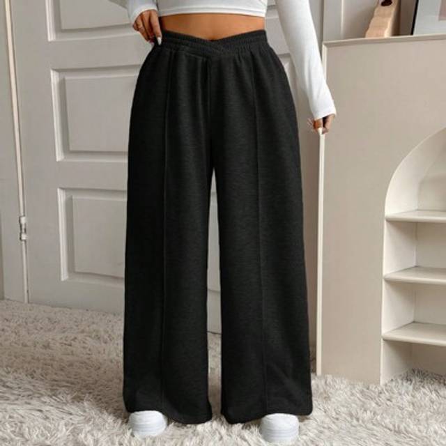 SHEIN Plus Size V-Waist Wide-Leg Casual Home Sweatpants, Autumn/Winter, Black Graduation,Back To School Outfits,Graduation,Teacher Outfits For Women,Back To
