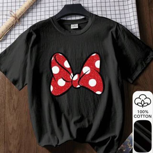 SHEIN Red Polka Dot Bow Print Summer Women&#39;s 100% Cotton Short Sleeves, Casual,Summer Tops,Graphic T-Shirt,Cotton T-Shirt