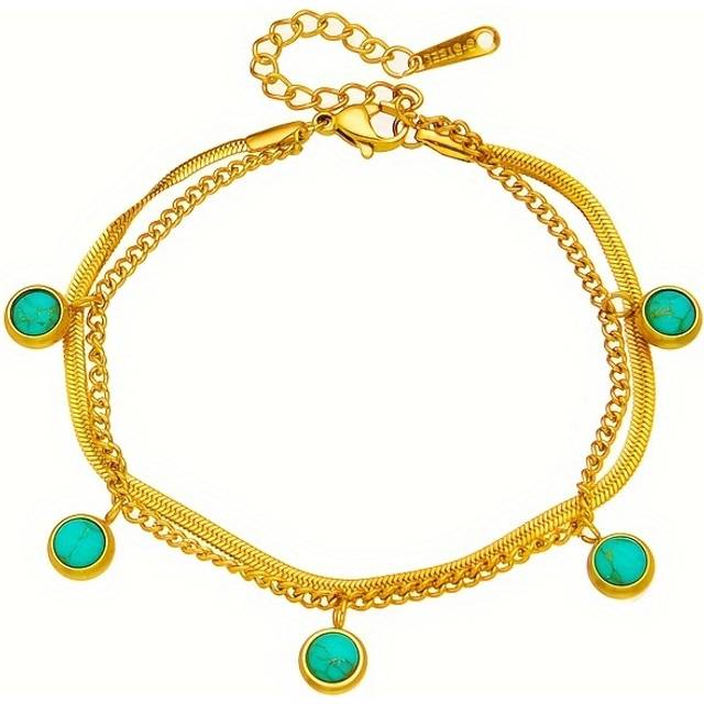 TEMU Elegant Golden-tone Double-layer Bracelet With Turquoise Beads - Vintage & Minimalist Style, Stainless Steel, For Or Gifting