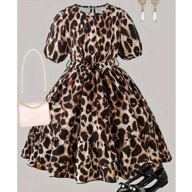 SHEIN New Leopard Print Short Sleeve Princess Dress For Little Girls, Fashion