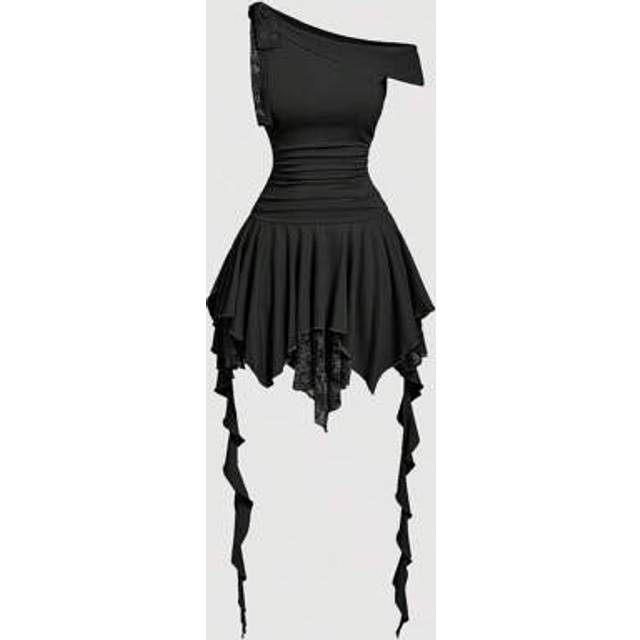 SHEIN White Asymmetric Mermaid Hem Dress, Lace Patchwork, Decorated With Big Bow, Ruffled Ribbon, Suitable For Dating, Party, Holiday, Brunch,Valentine&#39;s Da