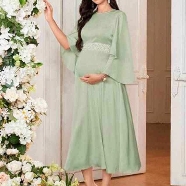 SHEIN Maternity Elegant Formal Long Trumpet Sleeve Round Neck Tight Fit Pregnancy Dress