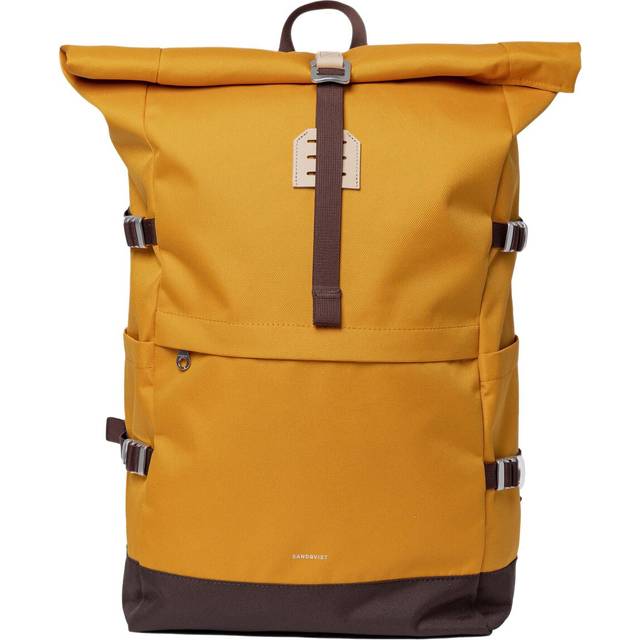 SANDQVIST ICON Rolltop Backpack L - Golden Yellow with Natural Leather (One Size)