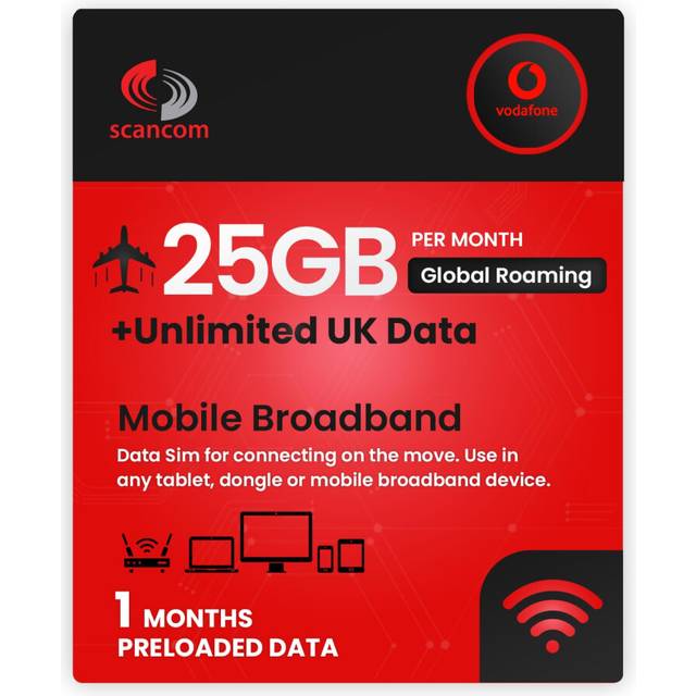 Vodafone 25GB Global Roaming Data Sim - 25GB Roaming Data in Europe & USA + Unlimited UK Data - Perfect for unlocked Phones and Wifi Routers -