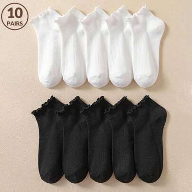 SHEIN 10 Pairs Women&#39;s Ankle Socks, Solid Colors Black White With Lace Trim Ribbed Stripes, Cute For Girls Students Casual Daily Wear Fits All Seasons